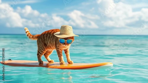 A cat wearing a straw hat and sunglasses stands on a surfing board on the calm ocean water. An animal on a summer vacation or tropical holiday.