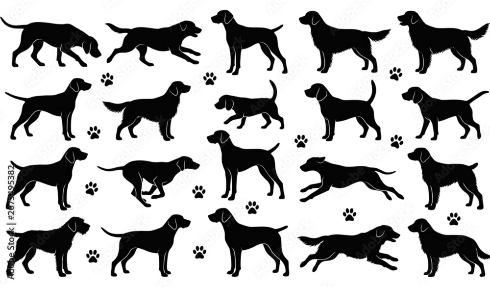 Obraz premium Black Hunting and Sporting Dog Silhouette Set with Paw Prints Isolated on White Background Vector Collection