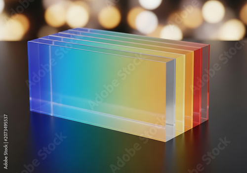 Rainbow acrylic glass blocks in a row, colorful transparent plastic plates with bokeh background, vibrant translucent glass slides for design