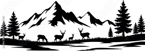Mountain Wildlife Landscape Silhouette Vector Illustration, Deer Forest Alpine Peaks Isolated on White Background Design