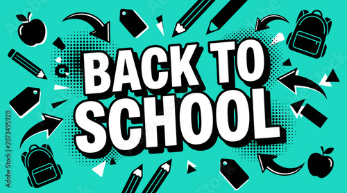 Quadro su tela A colorful graphic illustration of school supplies and arrows surrounds the words Back to School