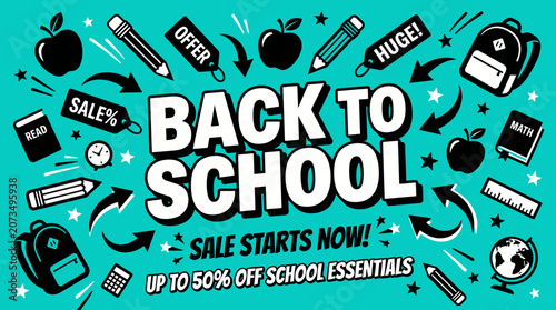 Schilderij op canvas Students prepare for school with sale on essential items like backpacks and book