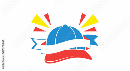 A colorful graphic illustration of a baseball cap with a ribbon