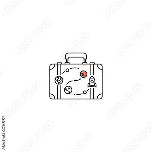 A simple line art illustration of a travel suitcase with icons