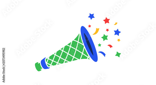 A colorful party horn blowing out festive confetti and stars