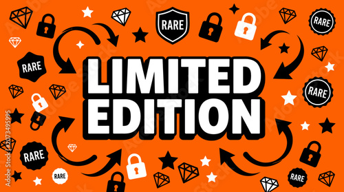 Cuadro en lienzo A vibrant orange graphic illustration displays limited edition badges and icons