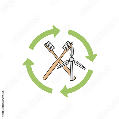 A graphic showing sustainable hygiene tools and clean energy icons