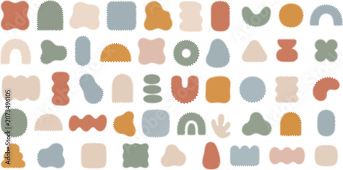Collection of diverse abstract shapes with rough textured edges in earth tones — terracotta, sage green, dusty blue, beige, rust orange