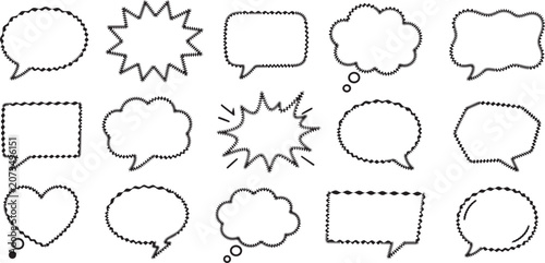 Set of comic speech bubble and thought bubble frames with zigzag and wavy decorative borders — black outline dialog box collection