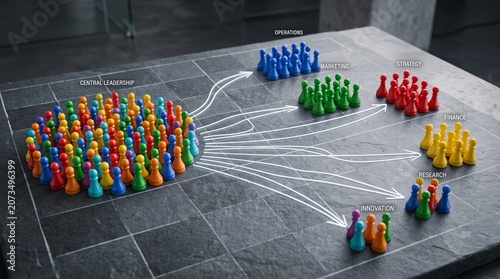 Strategic market segmentation concept with colorful game pieces, customer data analysis visualization, demographic target groups on stone surface
