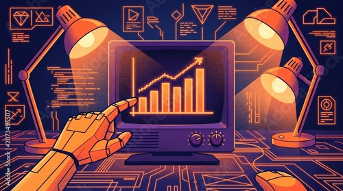 Retro futuristic technology workspace, robotic hand pointing at data growth chart on vintage computer monitor, orange neon aesthetic digital art