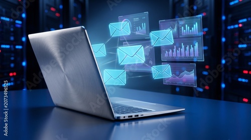 Digital email marketing concept with laptop and glowing message icons. Data analytics and business communication software in server room. Cyber security and cloud computing.