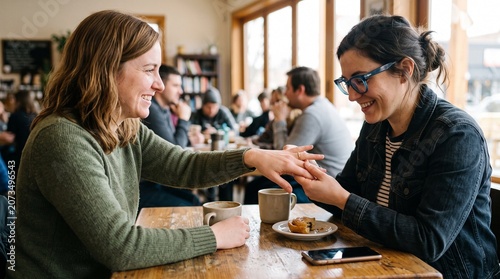 Two women are sitting at a table in a cafe, one showing off her new engagement ring to the other.