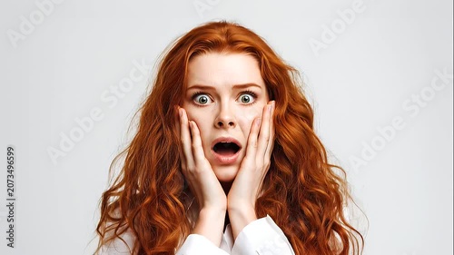 stunned woman, expressive facial reaction, hands on face, eyes wide, red hair, light gray background, marketing, emotional concepts, shocked, surprised, amazed, expression, female with copy space