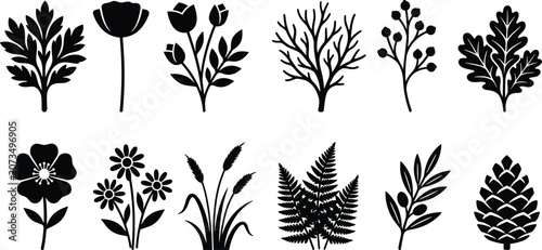 Set of Minimalist Botanical and Nature Silhouette Icons