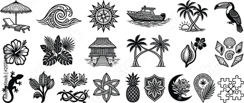 Set of Tropical Vacation and Island Life Silhouette Icons