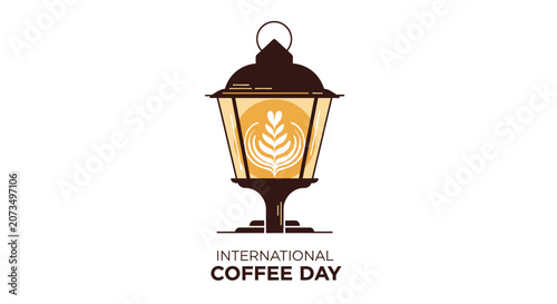 A vintage lantern glows with a warm coffee latte art design