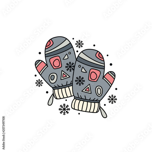 A pair of warm winter mittens with geometric patterns and snowflakes