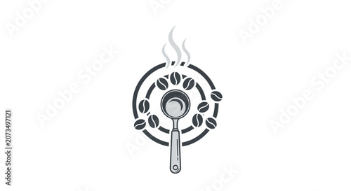 A minimalist graphic icon of a coffee scoop with roasted beans