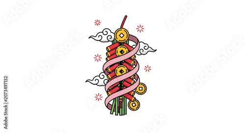 A festive illustration of red firecrackers with golden coins