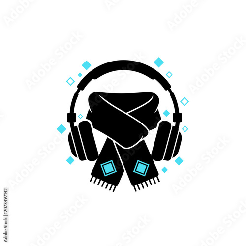 A black winter scarf and headphones icon on white background
