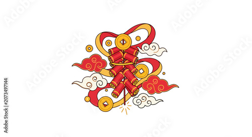 A festive illustration of red firecrackers with golden decorative clouds