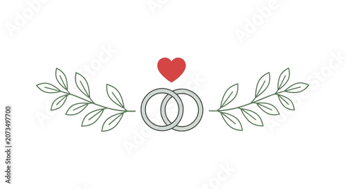 Two silver wedding rings are centered with a red heart icon