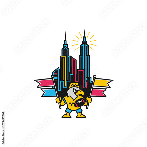 A cartoon eagle mascot holds a football before a city skyline