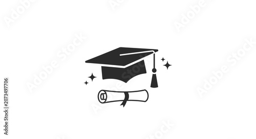 A black graduation cap and a rolled diploma icon design