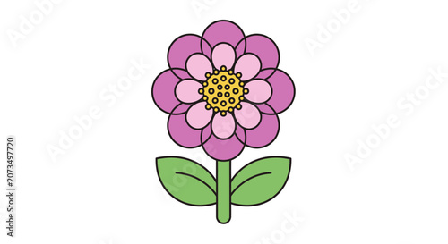 A simple illustration of a colorful flower with green leaves