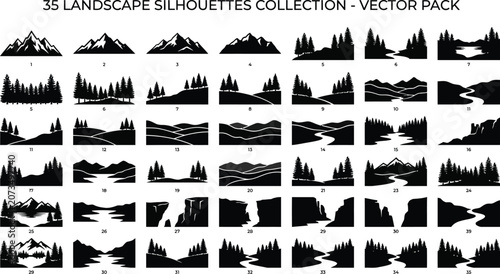 Black and white pack of 35 landscape silhouettes, minimalist monochrome