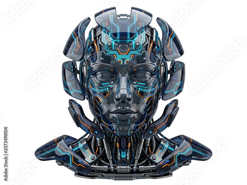 Futuristic humanoid robot head with glowing blue circuits