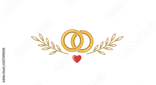 Two golden wedding rings are displayed with decorative leaf branches