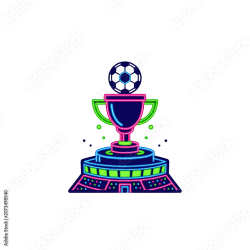 A glowing neon illustration of a sports trophy and ball