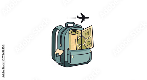 A blue backpack with a paper map and airplane icon illustration