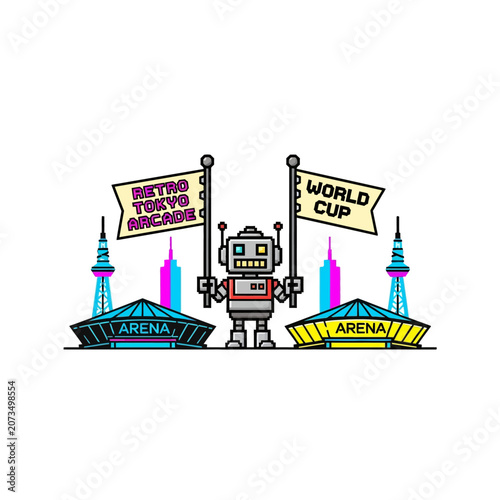 A pixel art robot stands between two large stadium buildings