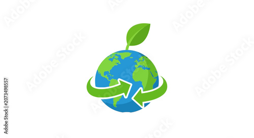 A green leaf grows from a globe with recycling arrows around