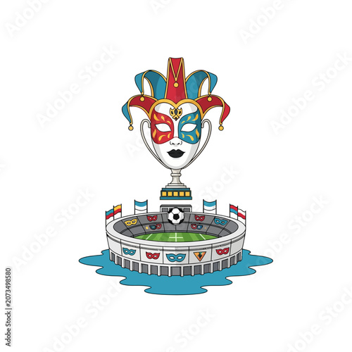 A festive sports stadium trophy with a colorful carnival mask