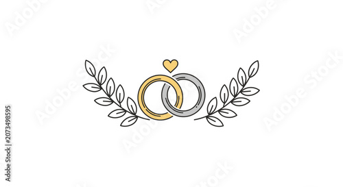 Two interlocking wedding rings are framed by a decorative laurel leaf