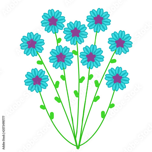 a group of blue flowers with stems and leaves for floral elements