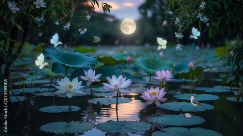 Moonlit butterflies dance around water lilies in serene pond