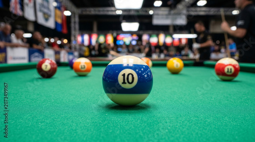 Konstfotografi Billiard Balls on Green Pool Table with Number 10 Ball in Focus