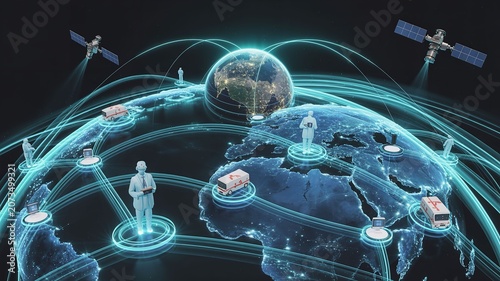 Global Network Connections with Satellites and Human Figures