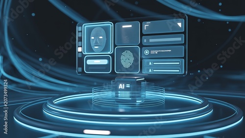 Futuristic interface on glowing platform, cyberpunk style