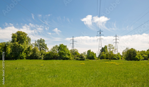 Fotografía Electricity pylons over spring grassland in Geispolsheim, Alsace, France