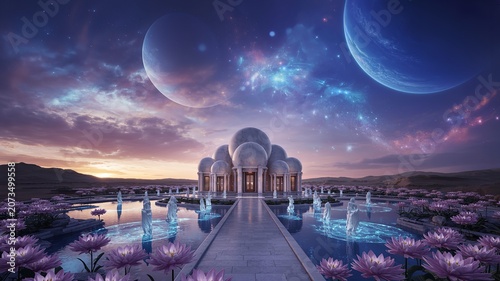 Futuristic Mosque with Domes under Celestial Bodies at Dusk