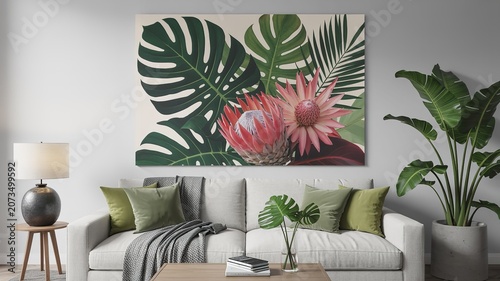 Modern living room interior with tropical leaf artwork and plants
