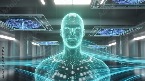 Glowing digital human in futuristic laboratory setting with blue lights
