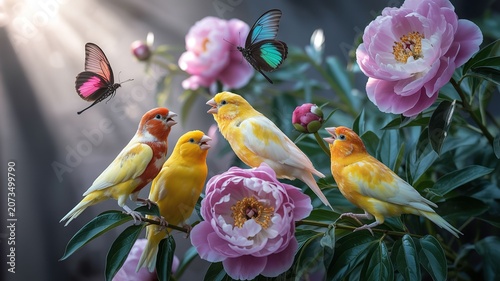 Colorful birds perched on pink flowers with butterflies flying around