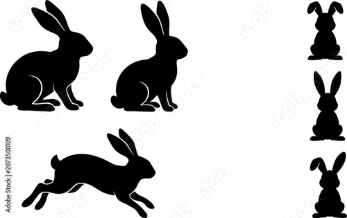 Rabbit Silhouette Collection Featuring Sitting and Running Bunny Animal Wildlife Easter Pet Vector Set